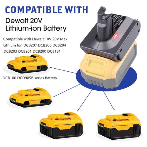 V7 Vacuum Adapter Kit For DeWalt 20V Battery showing compatibility with multiple DeWalt battery models