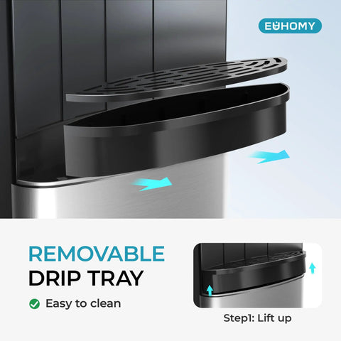 Removable drip tray on Bottom Loading Water Cooler Dispenser With Cold Warm And Hot Go To Settings For 5 Gallon Bottle LED Display