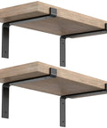 Two wooden shelves mounted with Beefy 12 Inch Wall Shelf Brackets Set Of 4 For Garage, Kitchen And Laundry Room, Black Metal Mounts