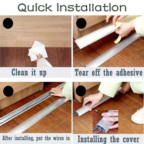 Quick installation of self-adhesive aluminum alloy cable cover for floor and wall raceway, showing cleaning and placing cables
