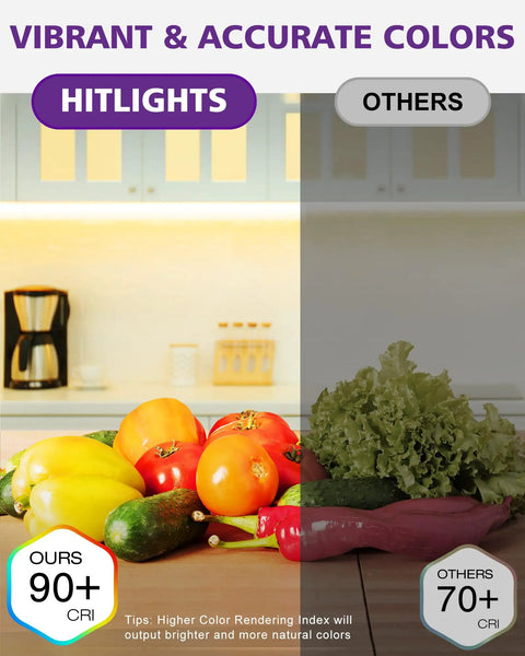 Split image showing 24V LED Strip Lights 26.2ft Warm White vibrant colors on produce vs dull colors with lower CRI lighting.