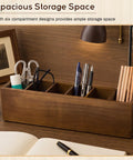 Wooden Desk Organizer With Six Compartments In Walnut Finish holding pens, pencils, and scissors on an office desk countertop