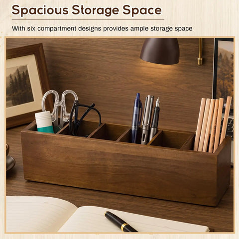 Wooden Desk Organizer With Six Compartments In Walnut Finish holding pens, pencils, and scissors on an office desk countertop
