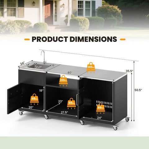 80 Inch Outdoor Grill Table With Sink And Drainage, Heavy Duty Metal Cart With Cabinet, Dimensions View