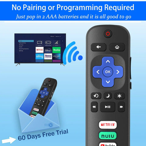 Two Pack Replacement Remotes For Roku TV that Actually Work with TCL Hisense Sharp Philips Onn Element Westinghouse Insignia JVC RCA Hitachi Sanyo Roku Smart TVs shown with interface.