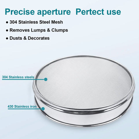 Close-up of 304 Stainless Lab Sieve Screen, 50 Mesh, 12 Inch Diameter, Top Notch Quality with precise aperture description.
