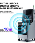 UHF RFID device with built-in chip, sensitive sensing, and stable performance; 10-meter reading distance displayed.