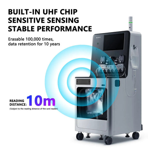 UHF RFID device with built-in chip, sensitive sensing, and stable performance; 10-meter reading distance displayed.