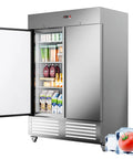 Badass Heavy Duty Upright Commercial Refrigerator Featuring 49 Cubic Feet Cooling Capacity And Durable Fingerprint Resistant Steel Shelves For Busy Kitchens with open door and glass shelves filled with drinks.