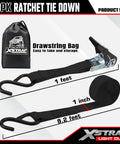Eight Pack 1 Inch Wide By 10 Foot Ratchet Tie Down Straps showing 1-foot section, drawstring bag, S hook, easy release mechanism
