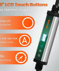 Hella Fast Level 2 EV Charger For Home Garage Includes 40 Amp Portable J1772 Charging Station With Nema 14-50 Plug Delivers 9.6 KW showing LCD touch buttons, LED status indicators, and adjustable current settings.