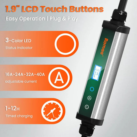 Hella Fast Level 2 EV Charger For Home Garage Includes 40 Amp Portable J1772 Charging Station With Nema 14-50 Plug Delivers 9.6 KW showing LCD touch buttons, LED status indicators, and adjustable current settings.
