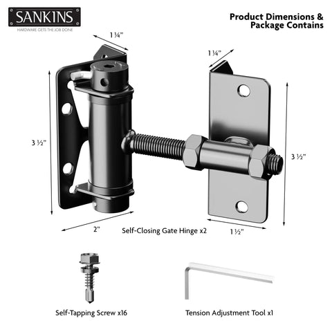 Heavy-Duty Self-Closing Gate Hinges, 90-Degree Adjustable Narrow Gate Hardware For Metal, PVC, Vinyl, And Wood Fences, Corrosion-Resistant Steel With Adjustable Tension, 2-Pack, dimensions and parts shown
