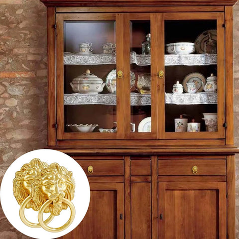 Lion Head Cabinet Pull Handle Set Five Piece For Dresser Wardrobe Kitchen Cupboard Ring Drawer Pulls Gold Finish Classic Ornate Hardware shown on wooden cabinet
