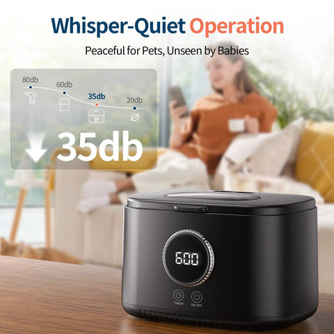 Powerful 20 Oz Ultrasonic Cleaner With 47kHz Frequency, showing its 35dB quiet operation feature on a table with a blurred background
