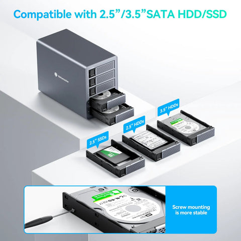 Top Tier Five Bay External Hard Drive Enclosure Built Different With Sleek Aluminum Chassis And Plug And Play Powerhouse Usb 3.0 Interface For 3.5 And 2.5 Inch Sata Hdd Ssd Supporting A Massive 120Tb Direct Attached Storage System, with SATA drives.