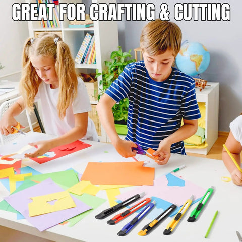 Children crafting with 4 Pack Retractable Utility Knife With 9mm Snap Off Blades on a table with colorful paper.