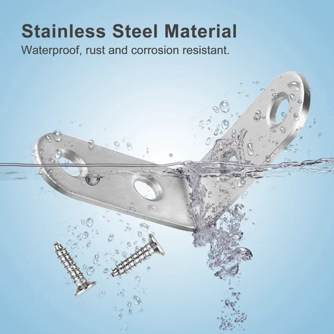 Stainless steel bracket from 16 Piece L Bracket Set For 90 Degree Right Angle Shelves Stainless Steel Furniture Anchors Waterproof Mounting Fasteners With 64 Screws For Wood Connections And Easy DIY Projects underwater with screws, highlighting waterproof feature.