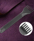 Close-up of 4-tooth chisel from 4mm Leather Lacing Stitching Chisels Kit 4 Pcs DIY Leather Hole Punch Tools Set on purple leather