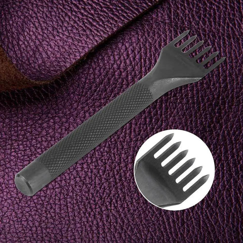 Close-up of 4-tooth chisel from 4mm Leather Lacing Stitching Chisels Kit 4 Pcs DIY Leather Hole Punch Tools Set on purple leather
