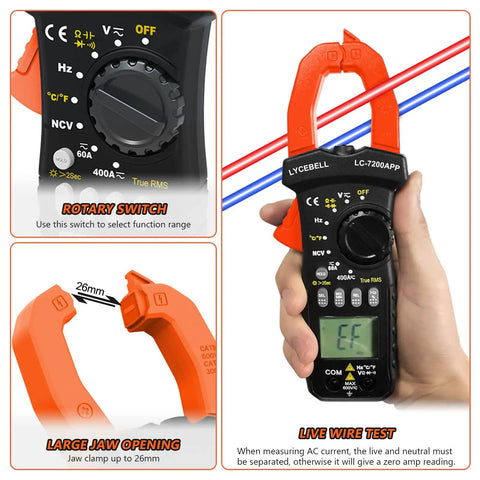 Close-up of 6000 Count Bluetooth Clamp Meter with TRMS, rotary switch, large jaw opening, held for live wire test.