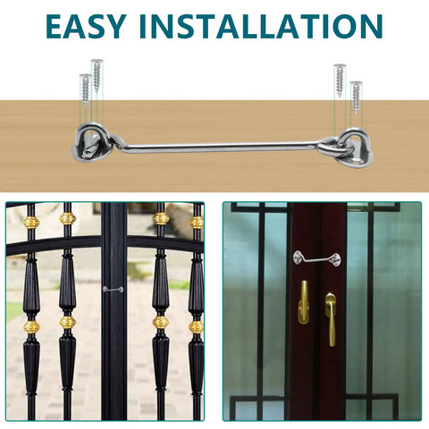 Heavy Duty Two Pack Eight Inch Gate Hook And Eye Latch Rock Solid Stainless Steel Security Latch mounted on door and fence.