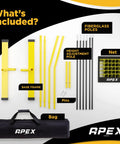 Volleyball Training Net For Pro Level Practice 12 Foot Wide Portable Net parts, including poles, base frame, pins, and carry bag.