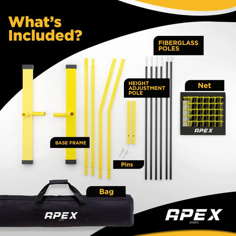 Volleyball Training Net For Pro Level Practice 12 Foot Wide Portable Net parts, including poles, base frame, pins, and carry bag.