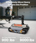 Heavy Duty Electric Trailer Mover tackles 9000 Lbs loads with remote control, showcasing quad copper motors under a trailer.