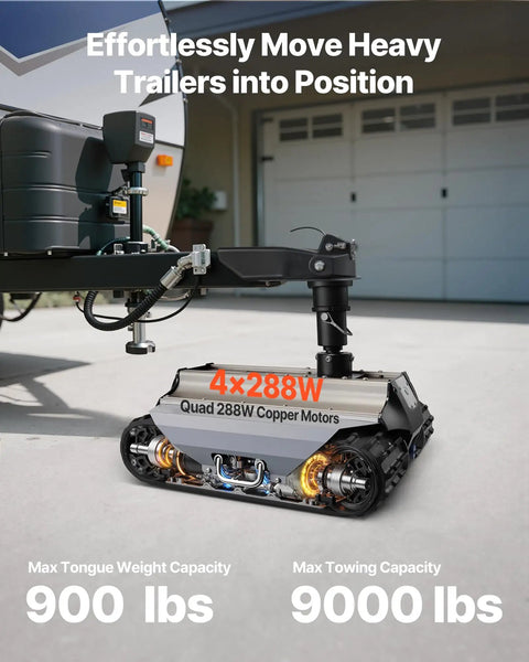 Heavy Duty Electric Trailer Mover tackles 9000 Lbs loads with remote control, showcasing quad copper motors under a trailer.