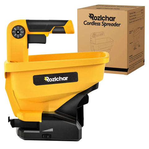 Power Spreader For Dewalt 20V And 60V Batteries, Seed And Fertilizer Spreader For Year Round Yard Care, Covers Up To 5,000 Sq Ft, Tool Only No Battery Included next to box packaging
