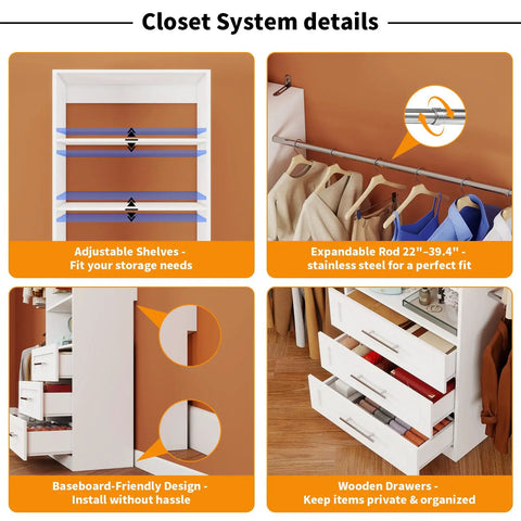 Kick Ass White Closet System, 8ft Modular Organizer features adjustable shelves, stainless steel rod, and wooden drawers.
