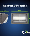 120W Outdoor LED Wall Pack Light With Photocell, IP65, ETL Listed, 17,400 Lumens, 5000K Daylight dimensions illustration.