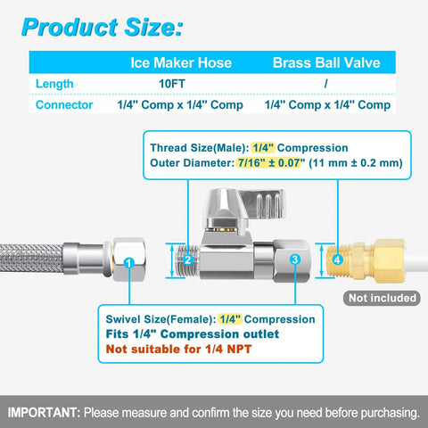 10-Foot Stainless Steel Braided Refrigerator Water Line Kit dimensions and compression fitting details.