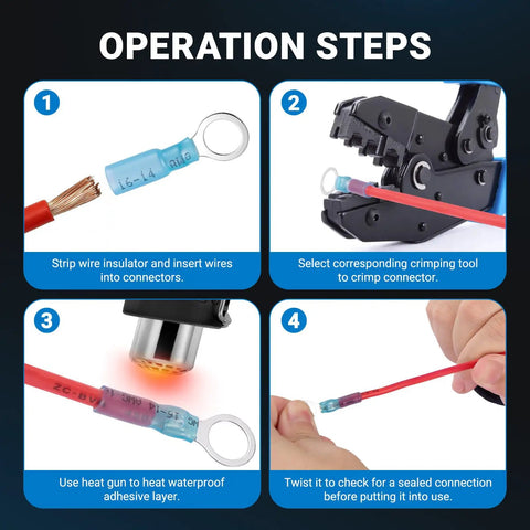 Marine Grade Heat Shrink Ring Terminal Kit With 300 Pcs showing operation steps for wire crimping and sealing connectors.