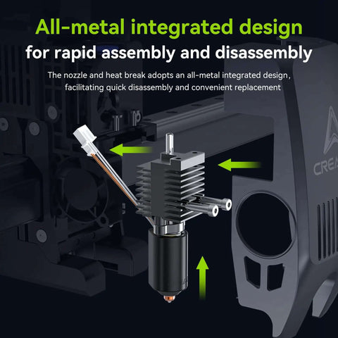 K2 Plus Ceramic Heating Block Hotend Kit With Unicorn Quick Swap Nozzle Kit All Metal Integrated Design shown with assembly features