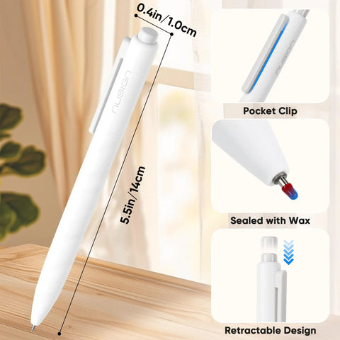 Gel Pens Set 12 Pack 0.5mm Quick Dry Black Ink Fine Point For Journaling And Note Taking, featuring a white pen with dimensions and features.