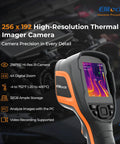 Pro Grade Thermal Imaging Camera With 256 By 192 IR Resolution Handheld Infrared Imager For Home Pros And HVAC Real Time Video 40mK Sensitivity 25 Hz Refresh Rate Thermal Leak Detector From Minus Four To 752 Degrees Fahrenheit shown with display and controls.