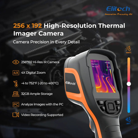 Pro Grade Thermal Imaging Camera With 256 By 192 IR Resolution Handheld Infrared Imager For Home Pros And HVAC Real Time Video 40mK Sensitivity 25 Hz Refresh Rate Thermal Leak Detector From Minus Four To 752 Degrees Fahrenheit shown with display and controls.