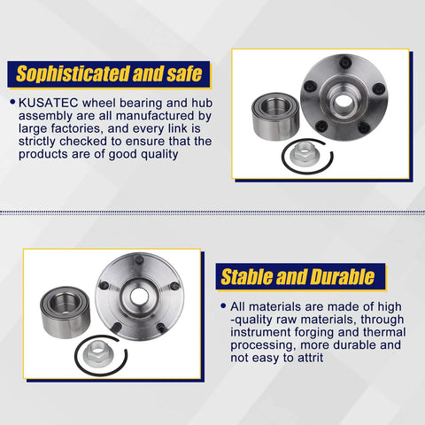 Front Wheel Bearing And Hub Assembly 518515 Direct Fit For Ford Escape 2001 2012, Mazda Tribute 2001 2011, Mercury Mariner 2005 2011, Front Position, 5 Lug Bolts, OE Grade Replacement Hub, shown with components on display board.
