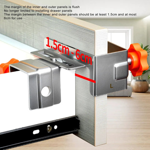 Large Adjustable Stainless Steel Drawer Panel Fixing Clamps Heavy Duty Installation Fixture With Knockout Grip showing 1.5cm to 6cm margin for precise assembly.