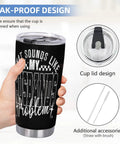 Close-up of 'That's My Husband's Problem Gas Station Funny Wife Tumbler Double Wall Stainless Steel Insulated Water Bottle' with lid and straw