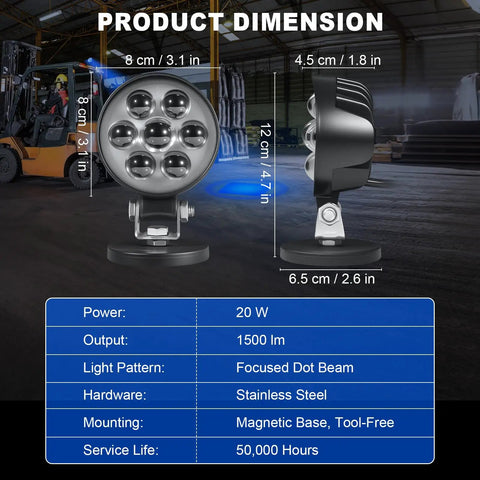 Heavy Duty LED Blue Spot Forklift Safety Warning Light With Magnetic Base And Adjustable Steel Bracket For No Sweat Setup And Quick Warehouse Layout Swaps For Busy Teamwork On The Production Line Each Day