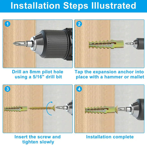 Installation steps for 20 Pack Gold Anchors And Screws Kit For Hollow Walls with Tree Shape Expansion, heavy duty hinge repair kit.