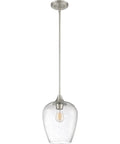 One Light Brushed Nickel Mini Pendant With Clear Seeded Glass Shade Sloped Ceiling Compatible Hanging Light Damp Location Rated
