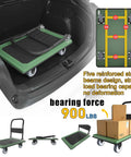 Heavy Duty Folding Push Cart Platform Trolley With Reinforced Beams And Four Quiet Thickened Rubber Wheels, 900 lb capacity shown in trunk.