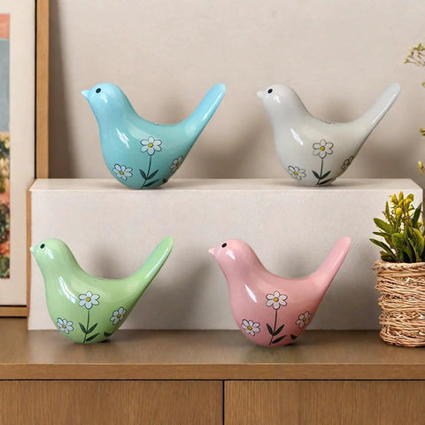 Heckin Cute Green Bird Toilet Bolt Covers Pair Decorative Ceramic Screw Caps For Bathroom Fixtures Zero Hassle Easy Install Dope Hardware Swag Straight Up Stylish Restroom Upgrade Today. Four colorful ceramic bird figurines with floral designs.