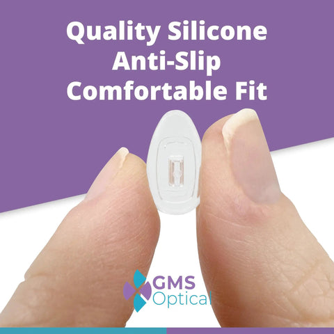 Quality Silicone Nose Pads For Glasses Replacement Teardrop Medium 15mm Push In Mount shown between fingers for a comfortable fit.