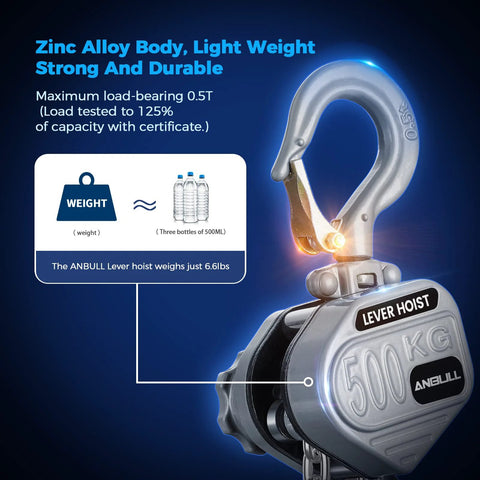 Close-up of Mini Lever Chain Hoist 1100Lbs 0.5T With 10 Ft Lift, zinc alloy body, 500 kg load mark, hook and text details
