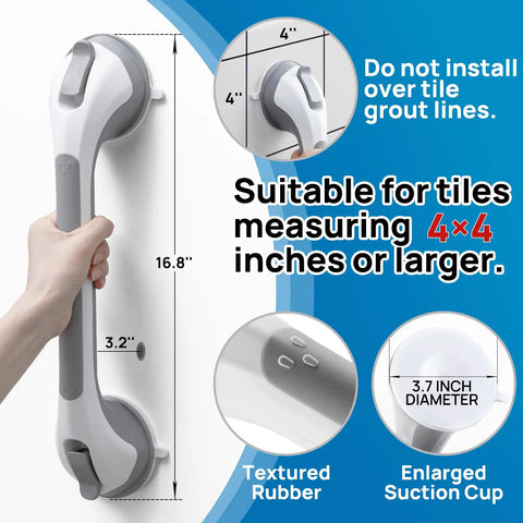 Top Shelf Shower Grab Bar With Heavy Duty Suction Mount For Seniors Elderly Portable Non Slip Bathroom Safety Handle No Sweat Setup Versatile 16 Inch Grey Support Rail Grip mounted on wall detailing size and features.